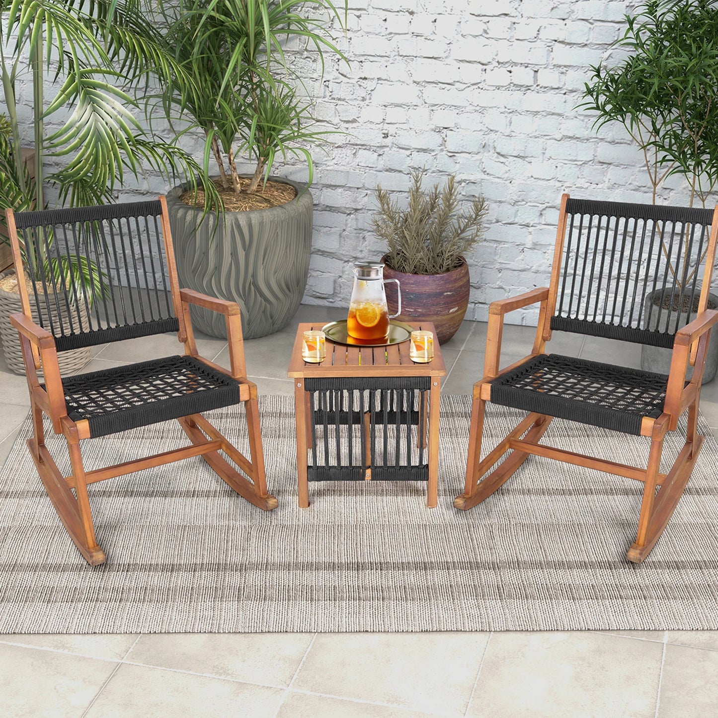 HOMASIS 3-Piece Patio Acacia Wood Bistro Table And Rocking Chairs
