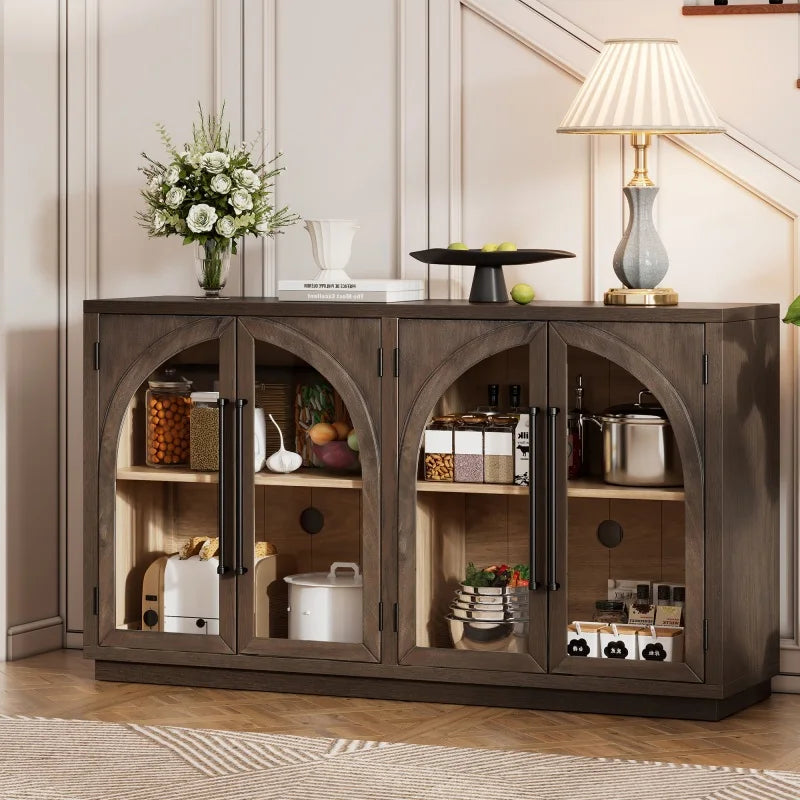 Arched 4-Door Sideboard Buffet Cabinet With Glass Doors