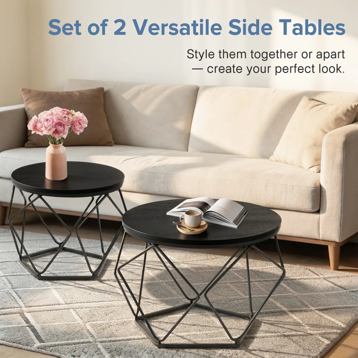 JHK Round Geometric Coffee Tables Set 2 With Hidden Storage