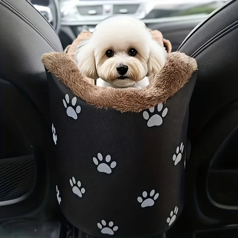 Black Fabric Dog Car Seat Portable Booster Basket PawPrint Headrest