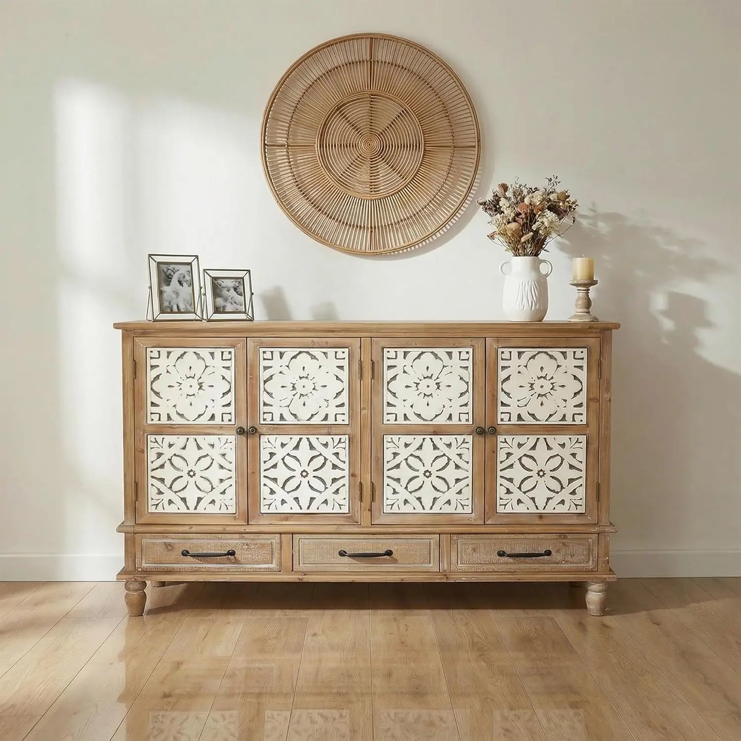 Country Vintage Sideboard Buffet Cabinet With Embossed Floral Metal Doors