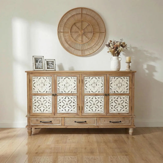 Country Vintage Sideboard Buffet Cabinet With Embossed Floral Metal Doors