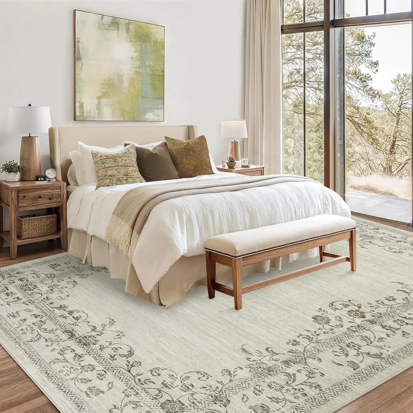 HiMISS Washable Floral Border Area Rug For Living Room