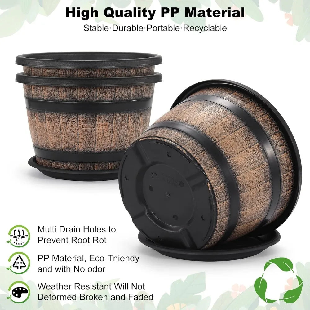 Whiskey Barrel Style Plastic Plant Pots With Drainage Holes