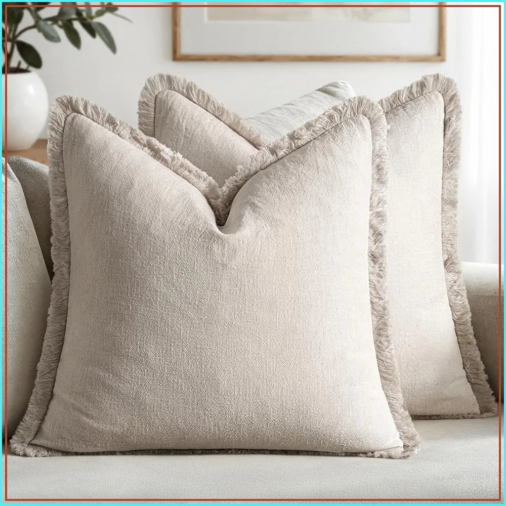 Boho Farmhouse Linen Fringe Pillow Covers Set Of 2