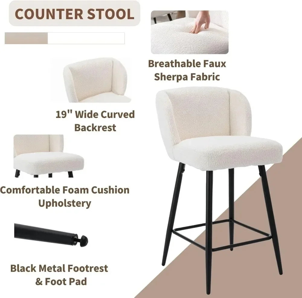 Modern Counter Height Bar Stools Set Of 2 Faux Sherpa Upholstered Back