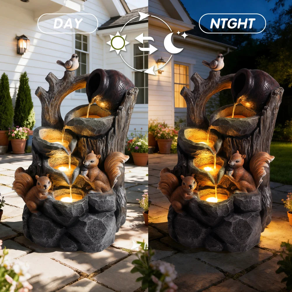 Squirrel Tree Stump Waterfall Fountain With Lights For Garden Patio