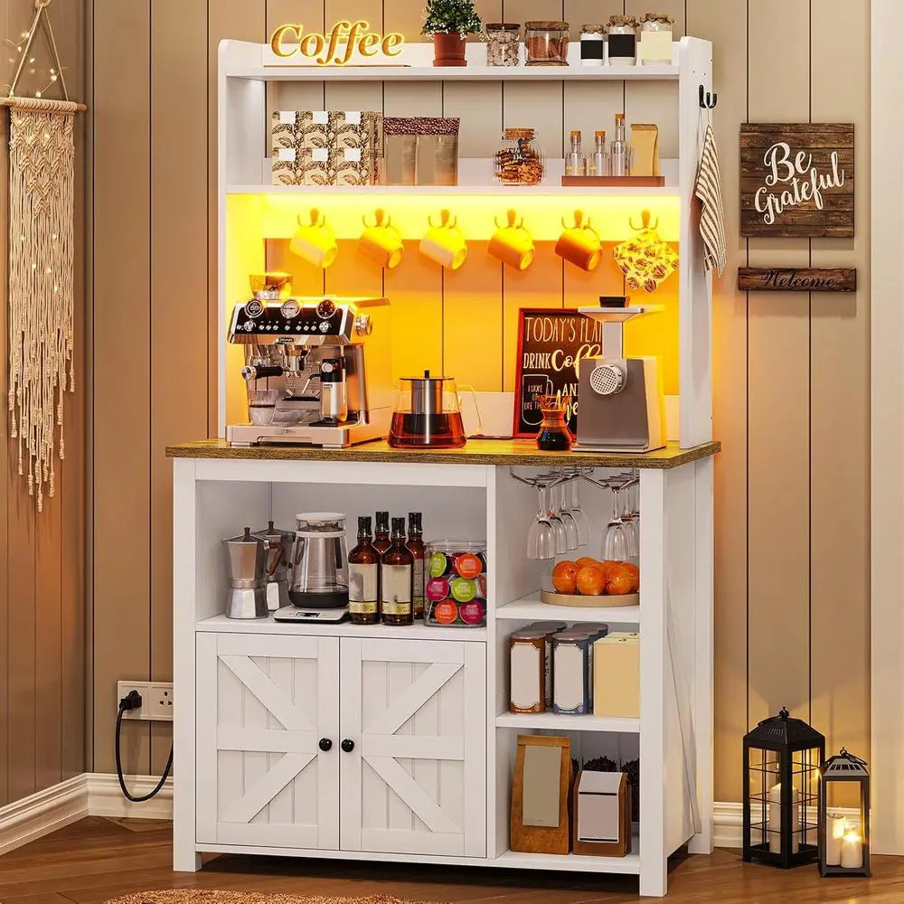 LISM Bakers Rack With Power Outlet And Storage Kitchen Cabinet