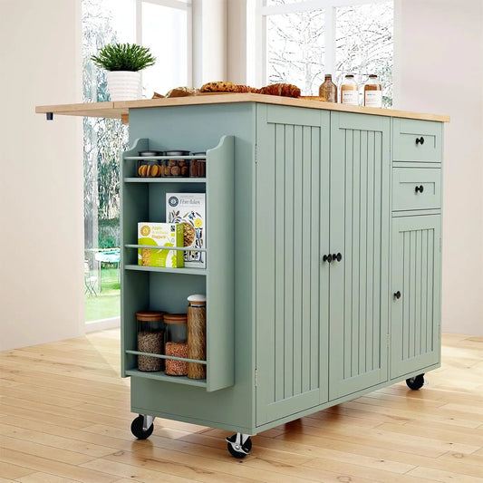 Kitchen Island With Storage And Drop Leaf Countertop On Wheels