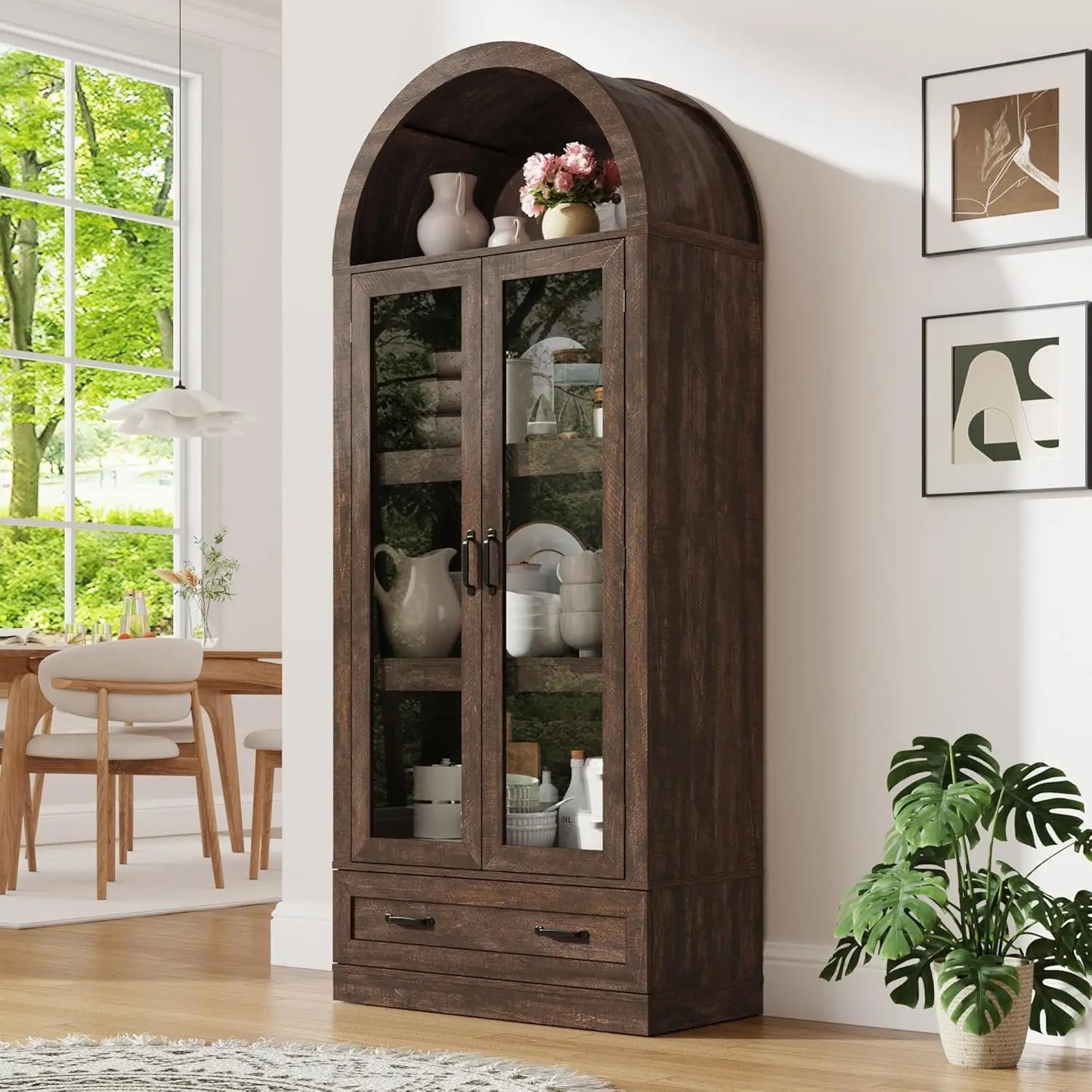 Arched Kitchen Pantry Cabinet With Glass Doors And Steel Frame