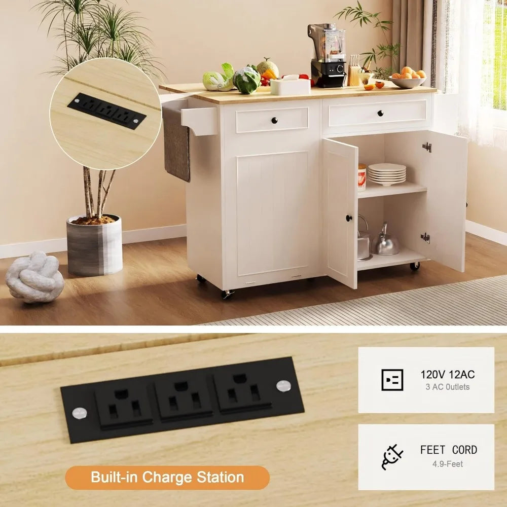 Kitchen Island Cart With Power Outlet And Drop Leaf