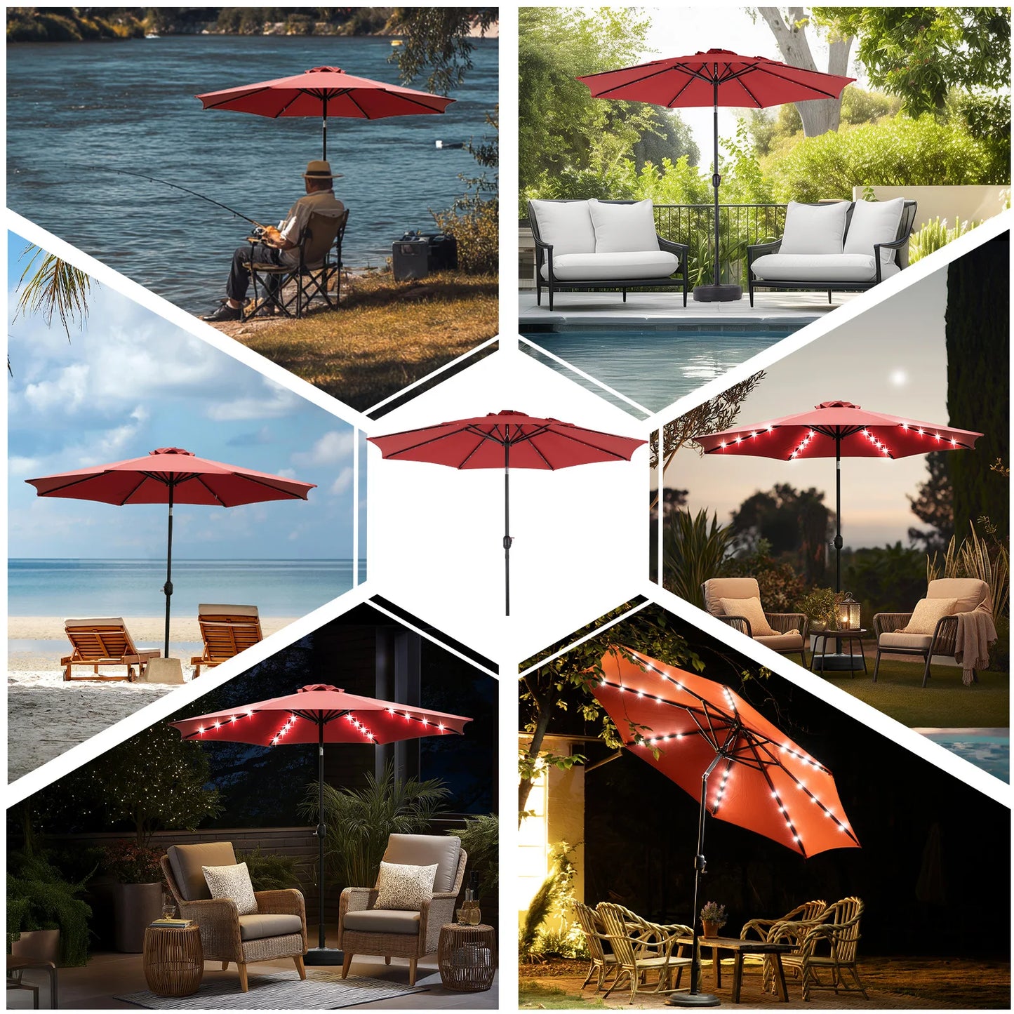 JHK UV-Resistant Solar Patio Umbrella with 32 LED Lights