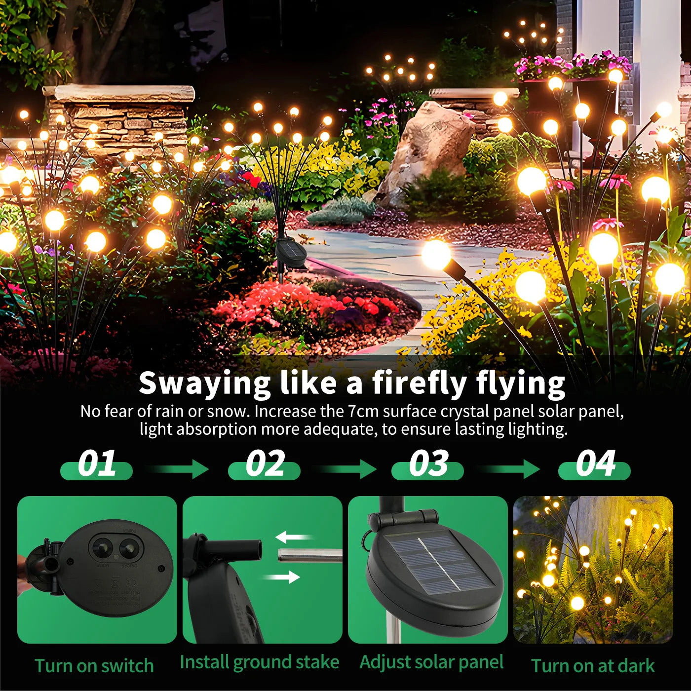 2-Pack 8-Head Solar Firefly Lights Outdoor Pathway Decorative IP65 Waterproof