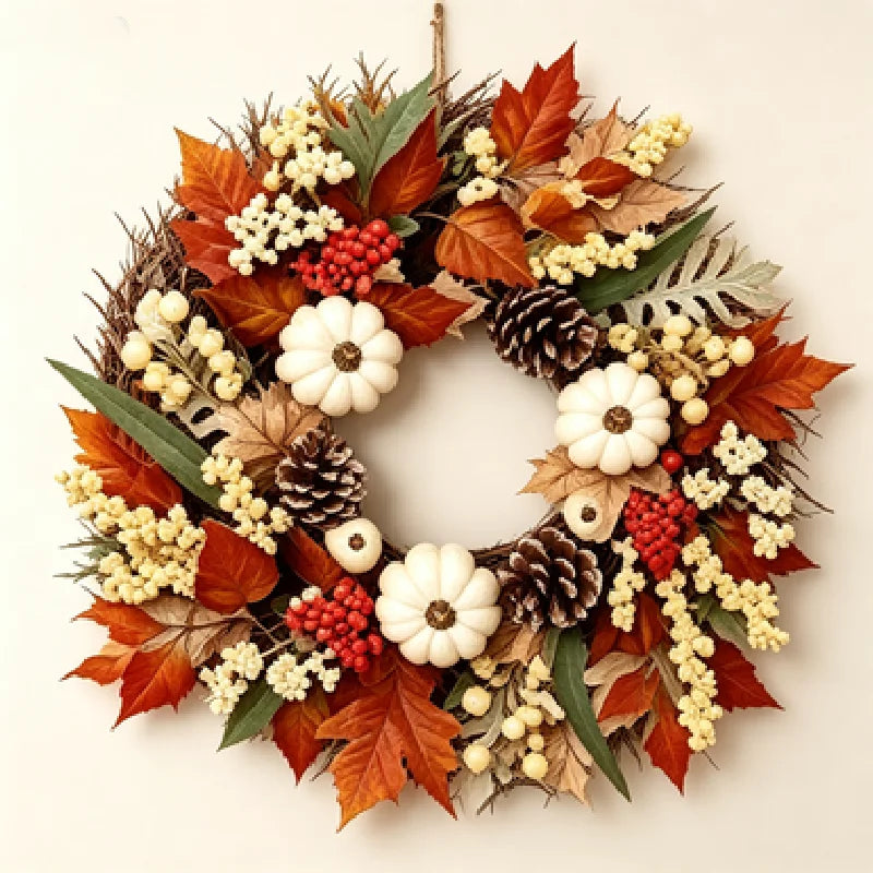 Autumn Harvest Wreath With Pumpkins Pinecones And Maple Leaves for Home Decor