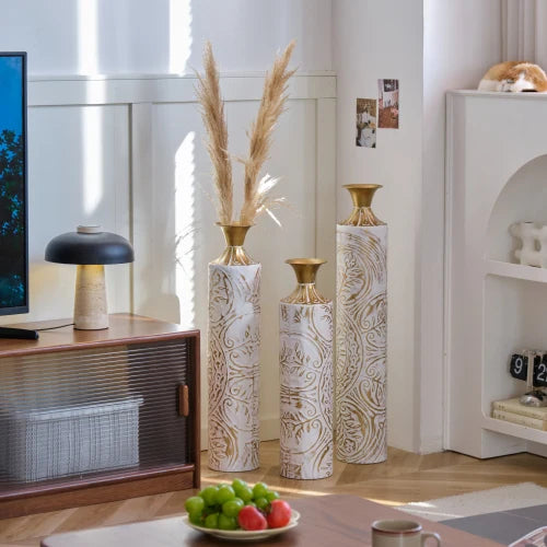 Modern Gold Leaf Pattern Metal Floor Vases Set Home Decor