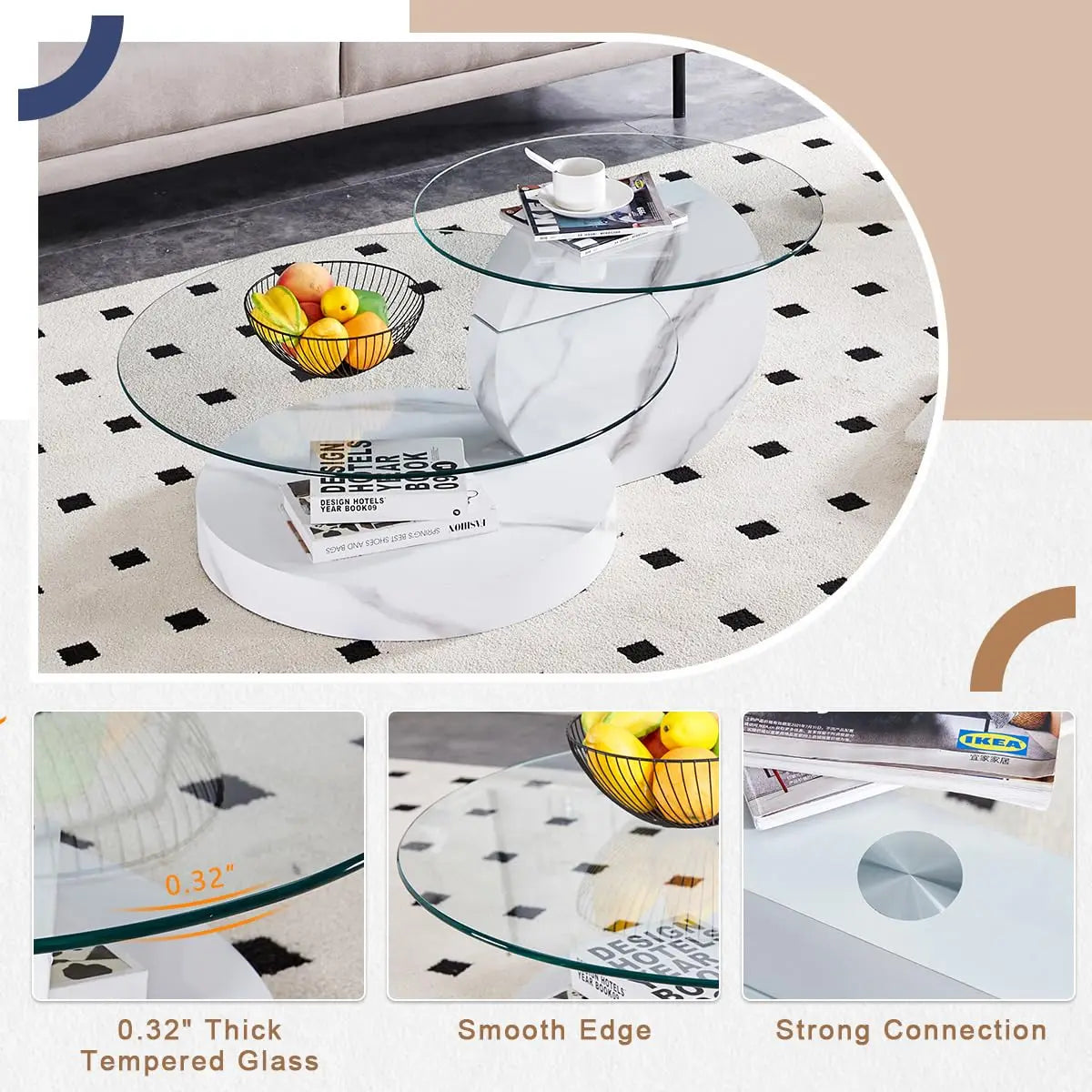 Round Glass Coffee Table With Wood Base Storage Modern Design