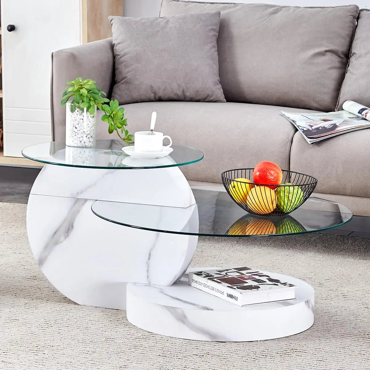 Round Glass Coffee Table With Wood Base Storage Modern Design