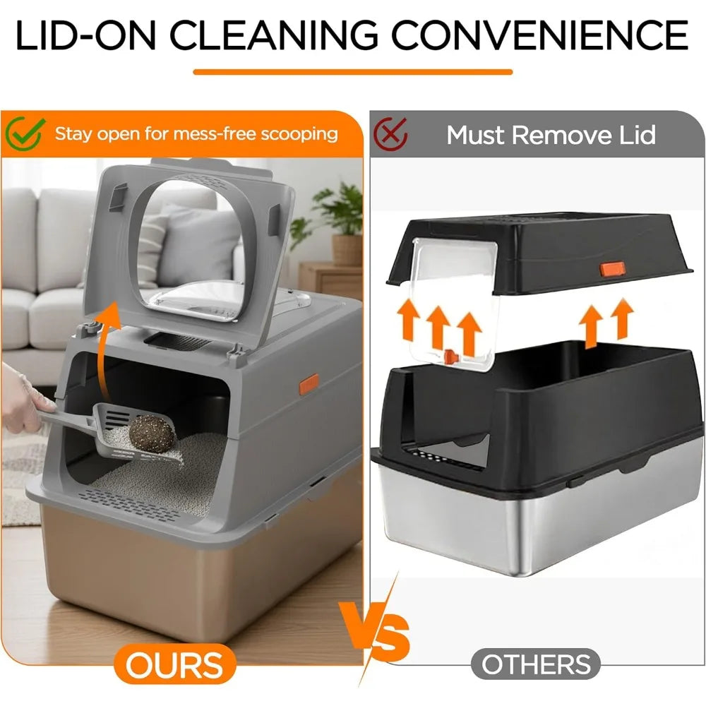 XIUWO Enclosed Stainless Steel Litter Box With Lid For Cats