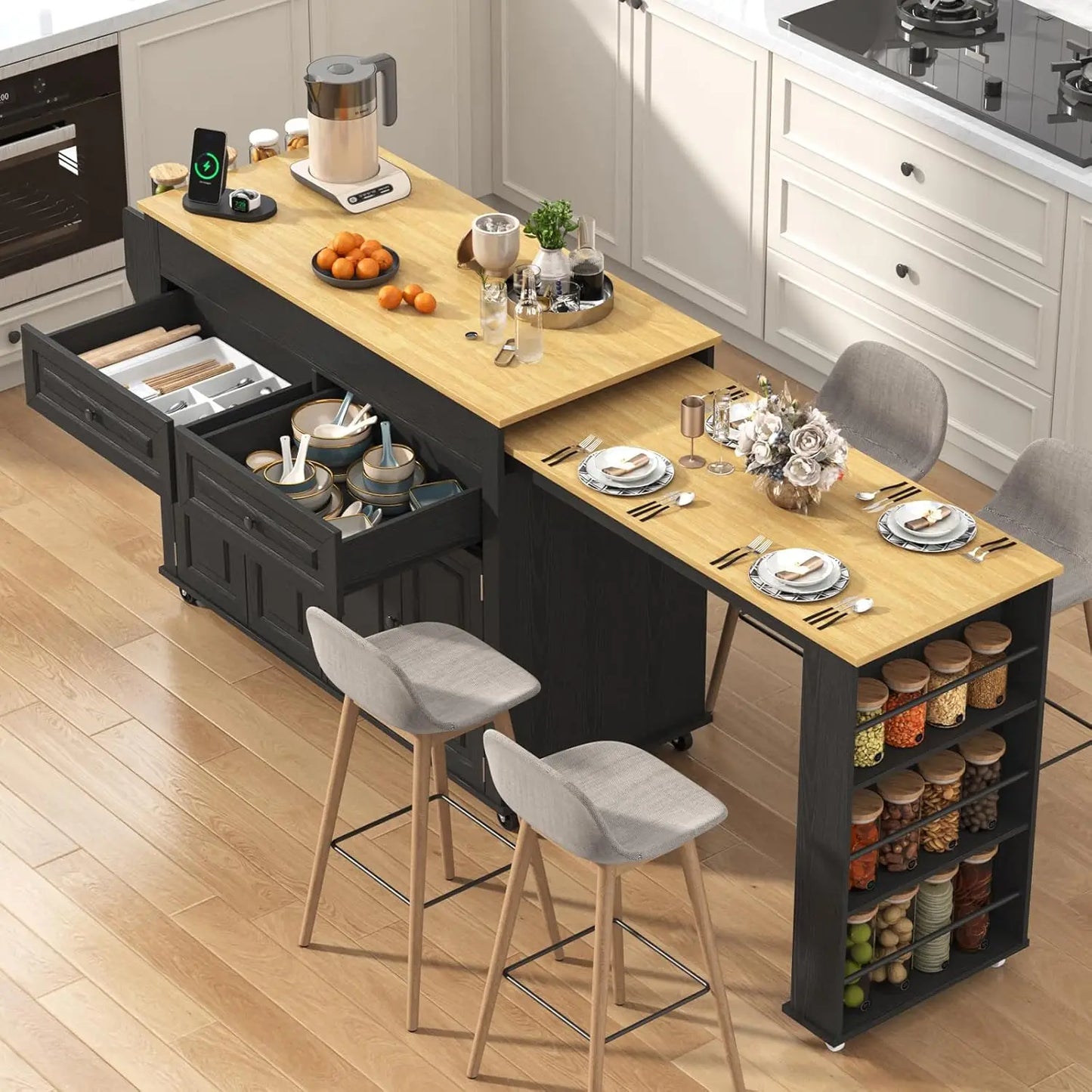 Extendable Kitchen Island With Dining Table And Power Outlet