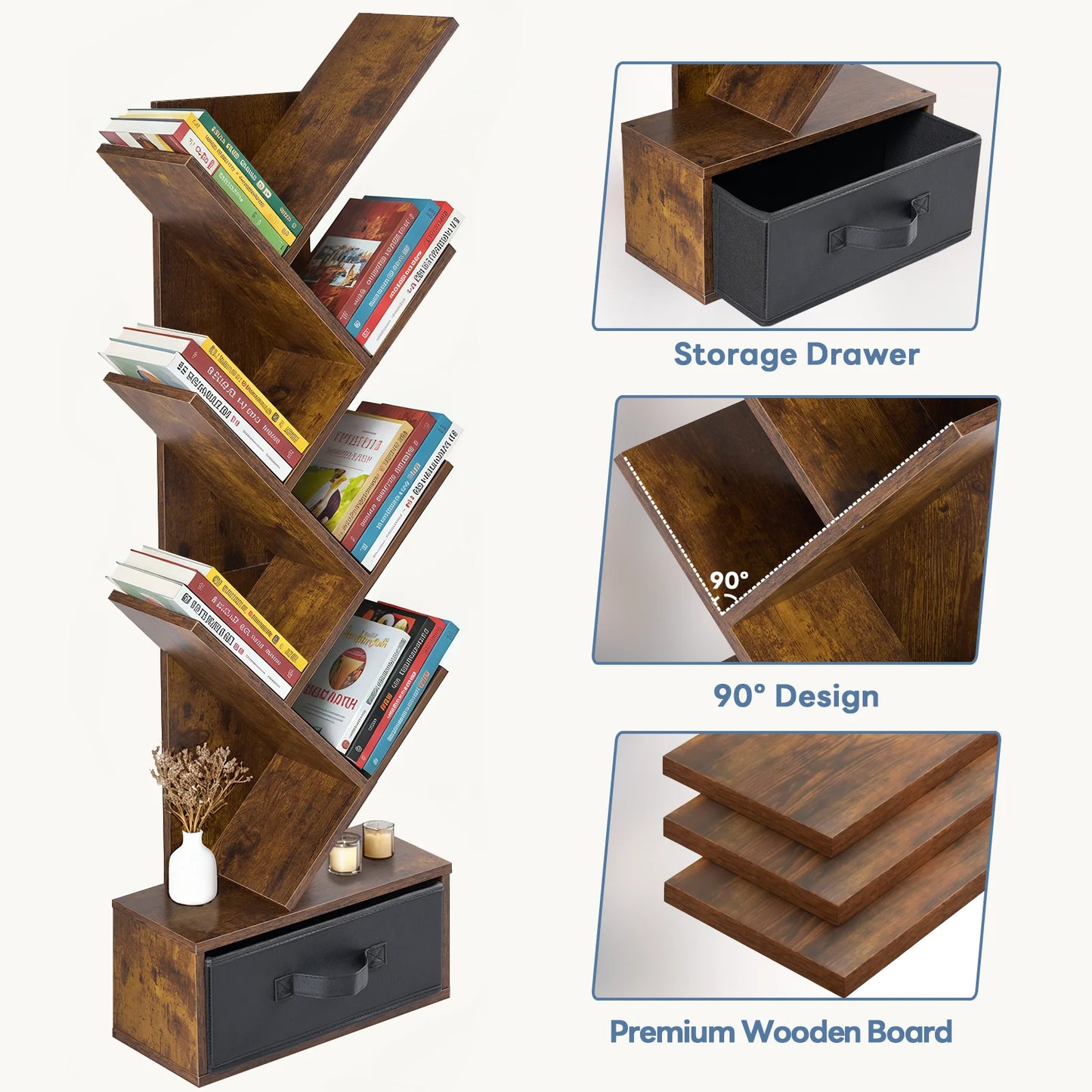 JHK Geometric Wooden Book Rack With Drawer Bookshelf For Home