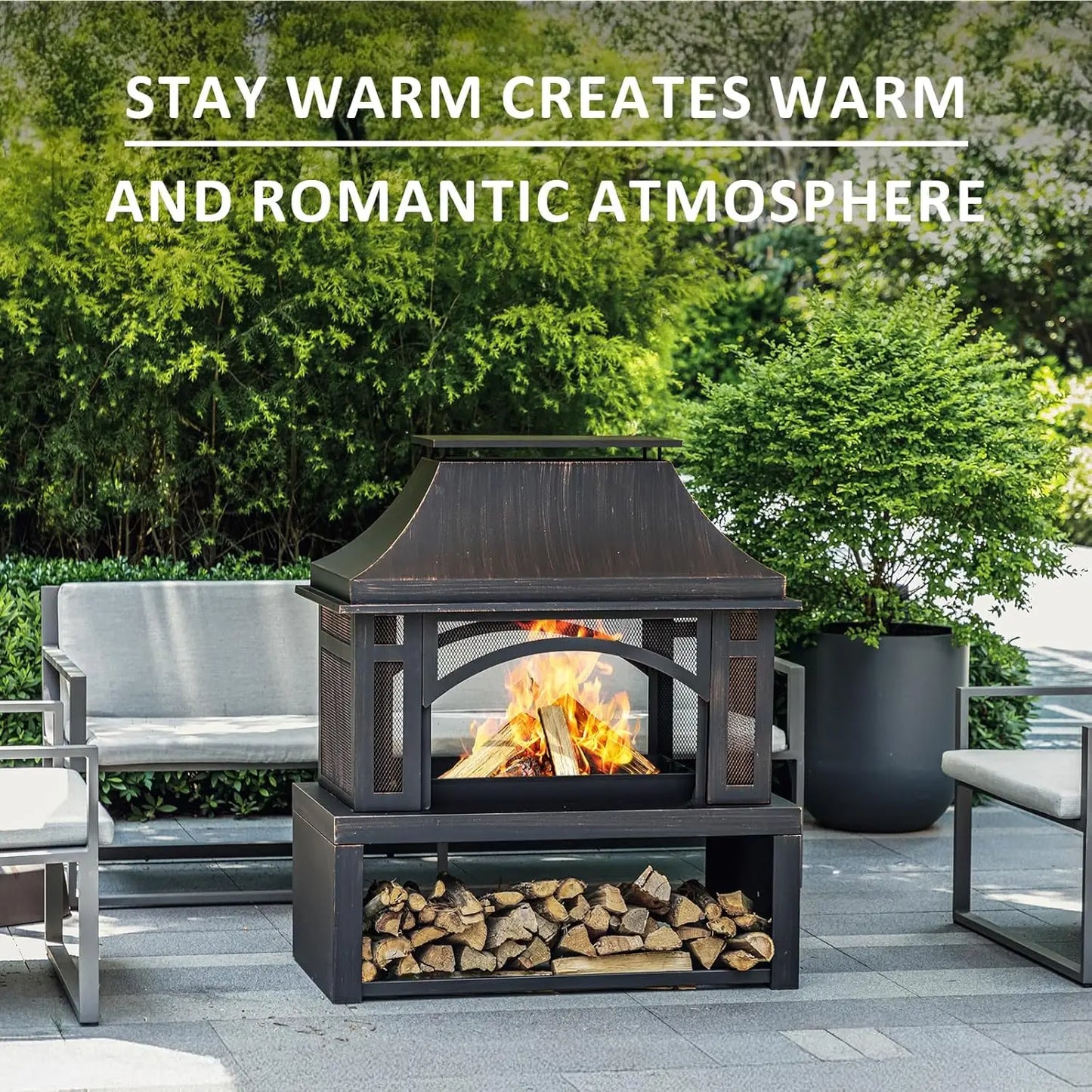 Wood Burning Outdoor Fireplace With Chimney Wood Storage And Spark Screen