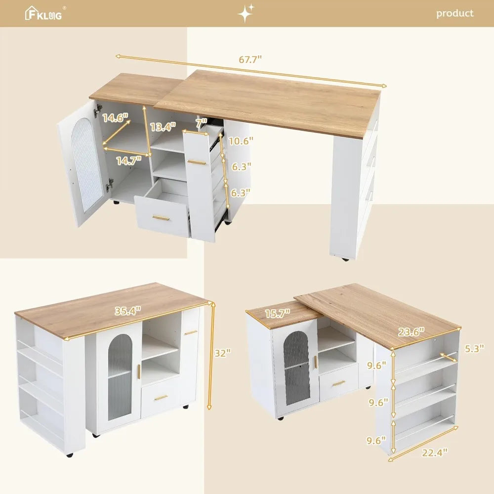 Rolling Kitchen Island With 360 Degree Swivel Extendable Table