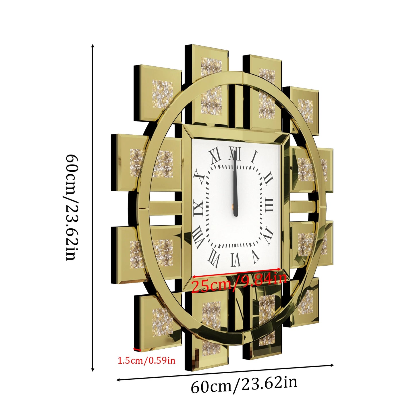 Crushed Diamond Mirrored Wall Clock With Roman Numerals