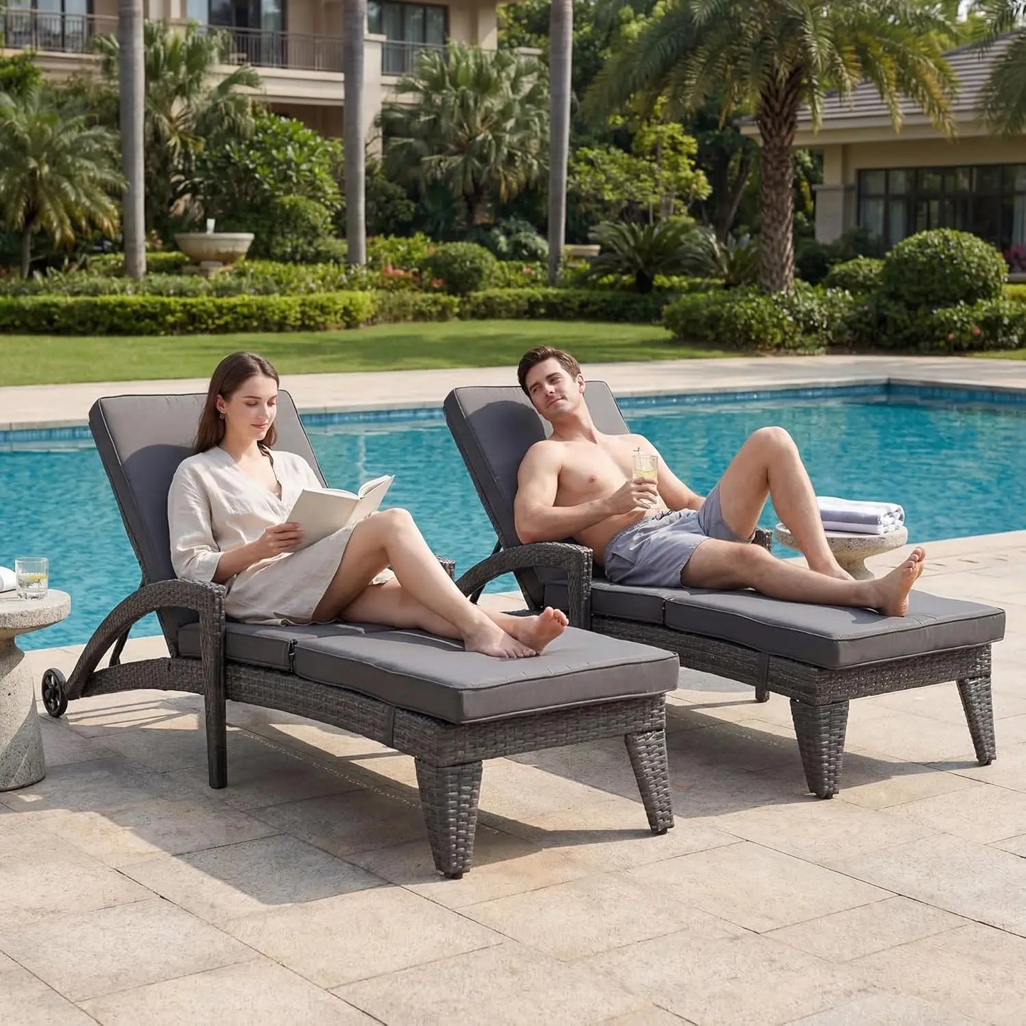 Outdoor Wicker Reclining Chaise Lounge Set 4 Position Adjustable Chairs