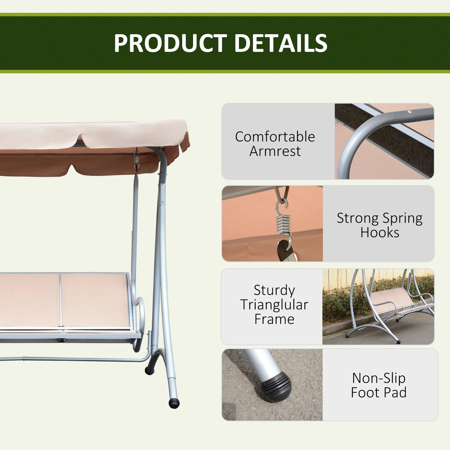 Three-Seat Outdoor Porch Swing Chair Glider With Adjustable Canopy