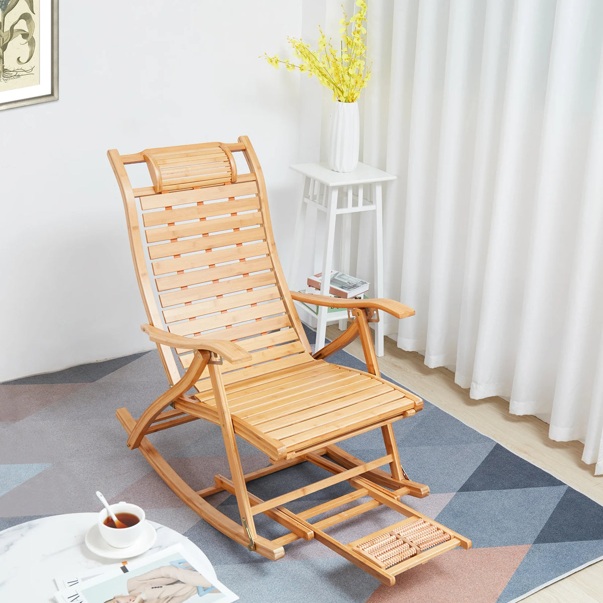 Foldable Bamboo Rocking Chair For Indoor Outdoor Patio