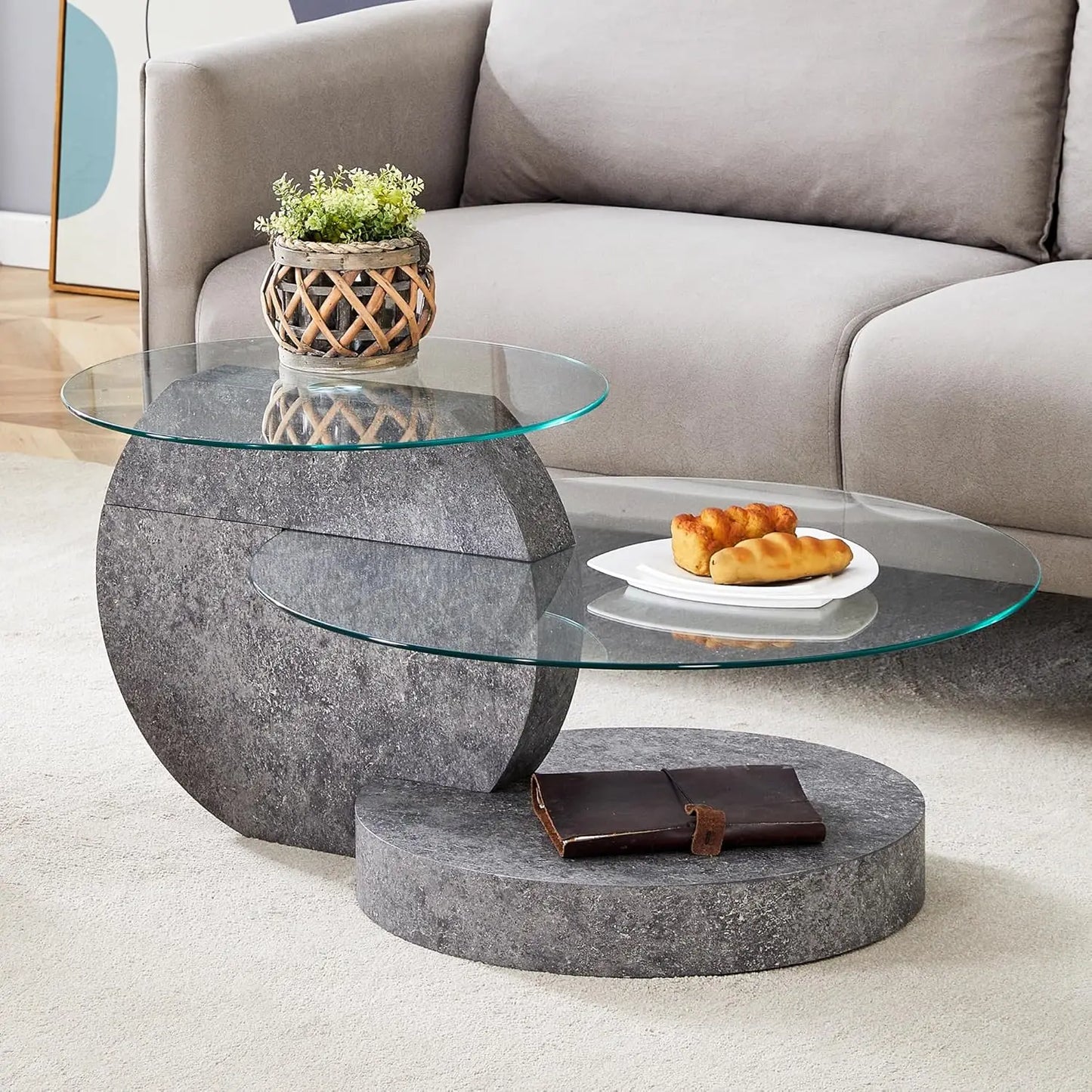 Round Glass Coffee Table With Wood Base Storage Modern Design
