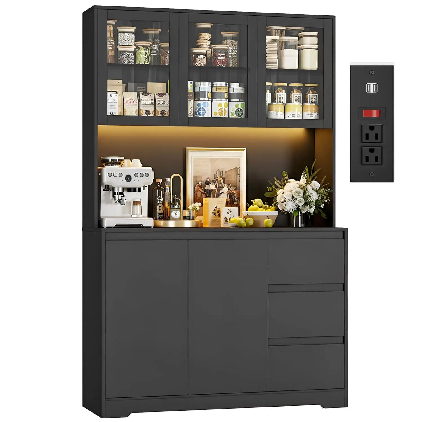 Kitchen Pantry Cabinet With LED Lights And Charging Station
