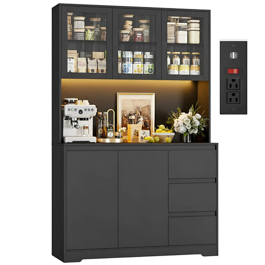 Kitchen Pantry Cabinet With LED Lights And Charging Station