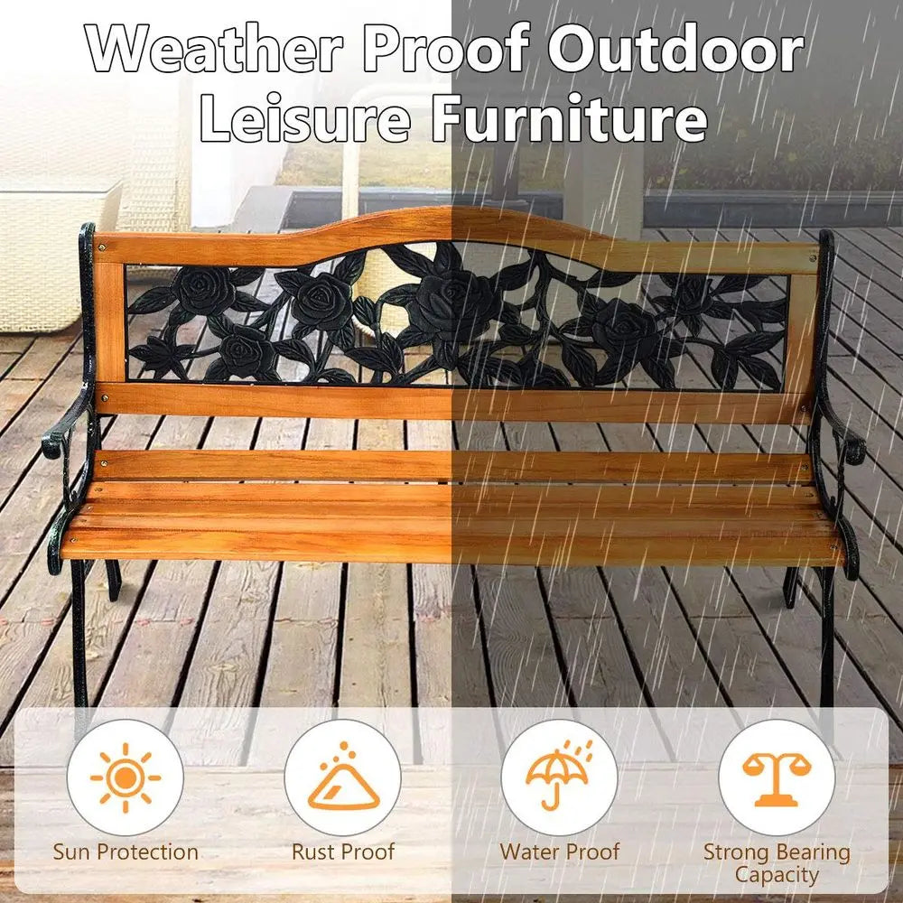 Outdoor Garden Bench With Rose Cast Backrest And Wood Seat