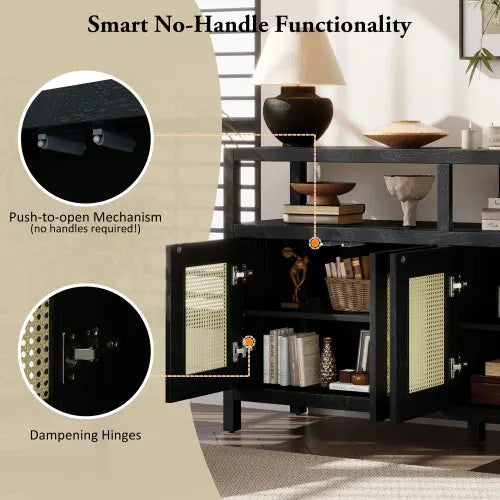 Solid Wood Rattan Buffet Cabinet With Adjustable Shelves Bohemian Style