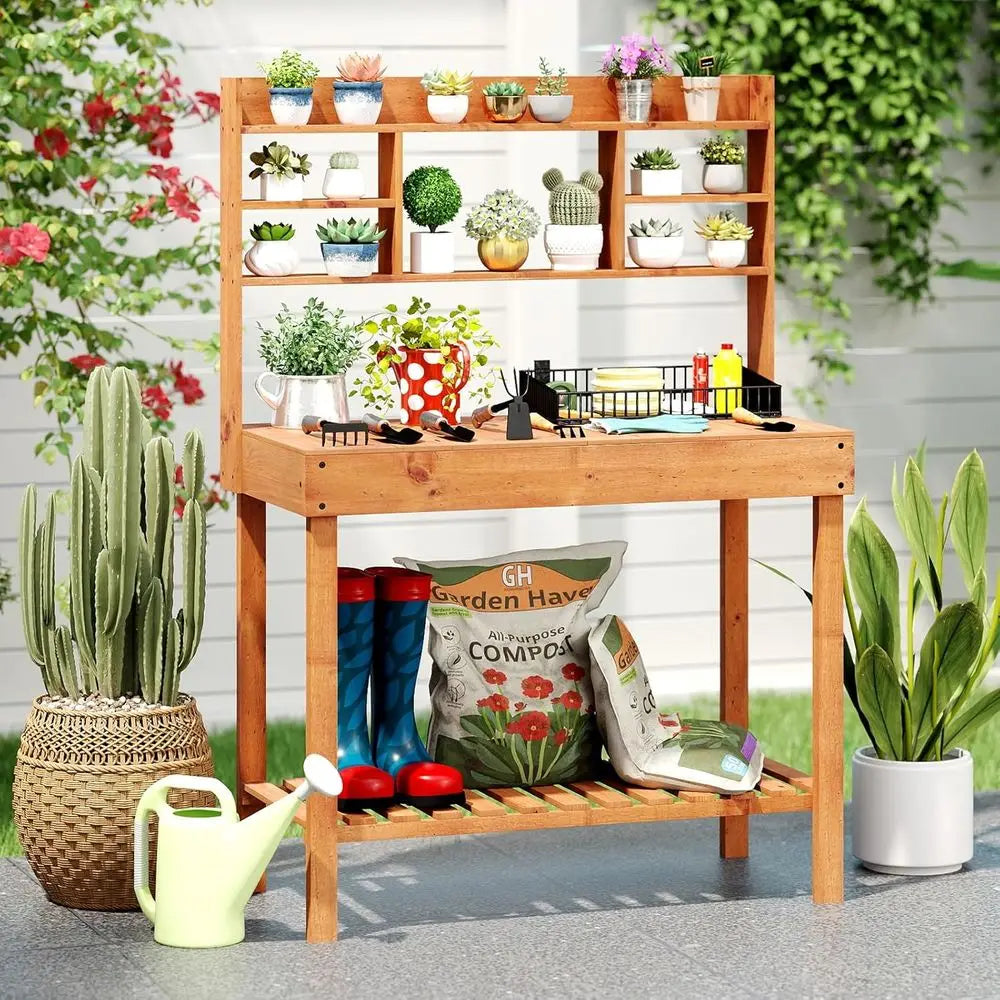 Potting Bench Table Outdoor Solid Wood Gardening Workstation