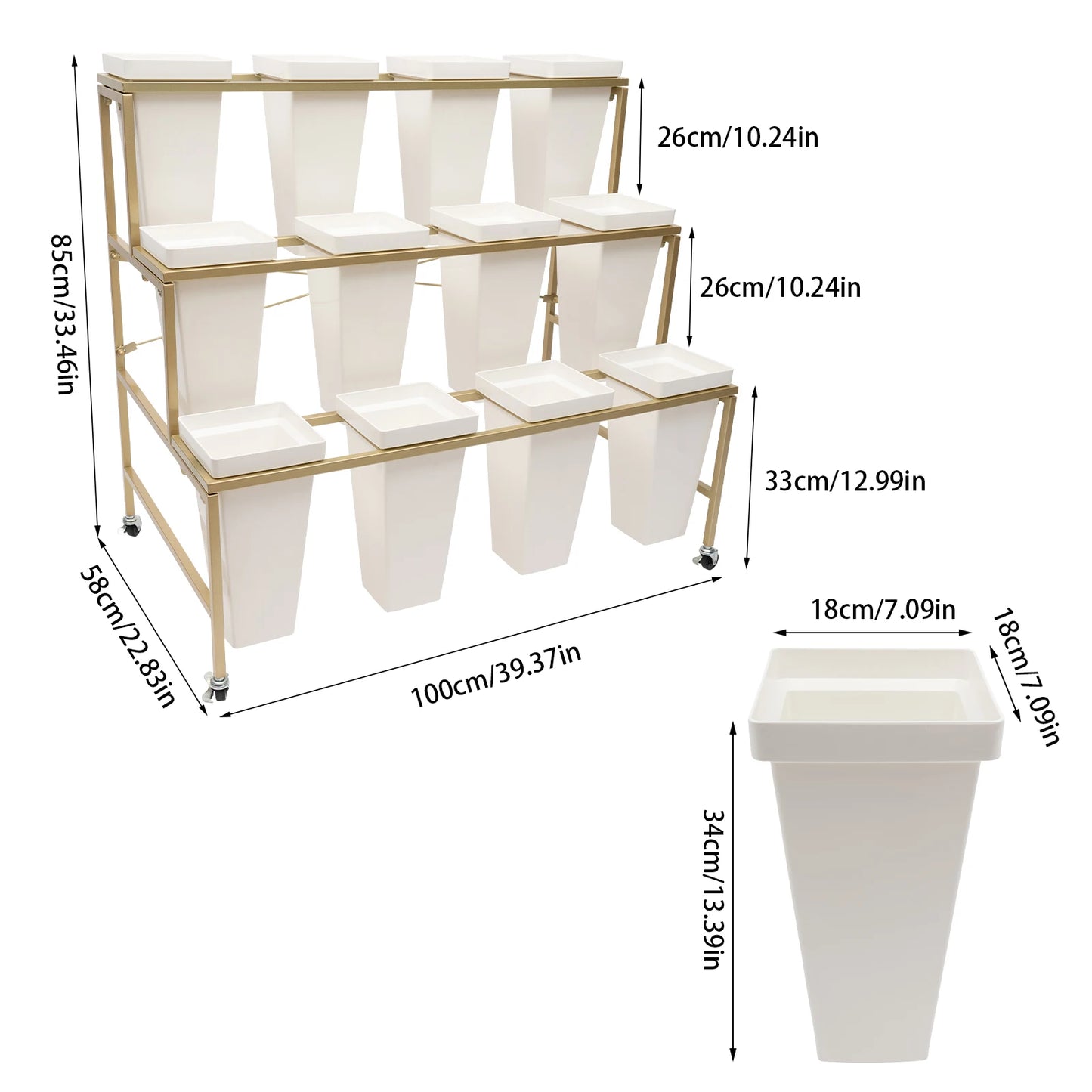 CNCEST Flower Display Stand With 12 Buckets 3-Tier Cart