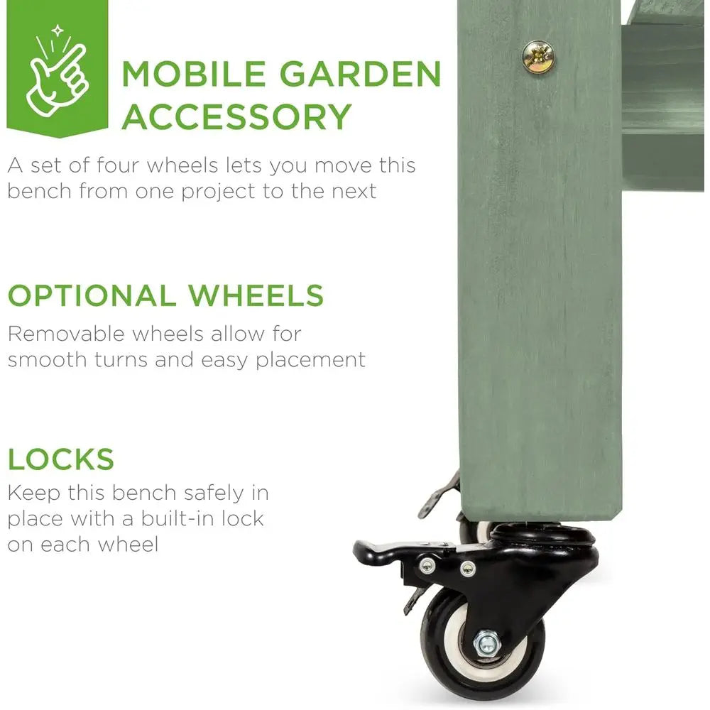Mobile Garden Potting Bench With Locking Wheels And Sliding Tabletop
