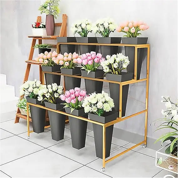 RBXC 3-Tier Metal Flower Stand With Buckets And Wheels