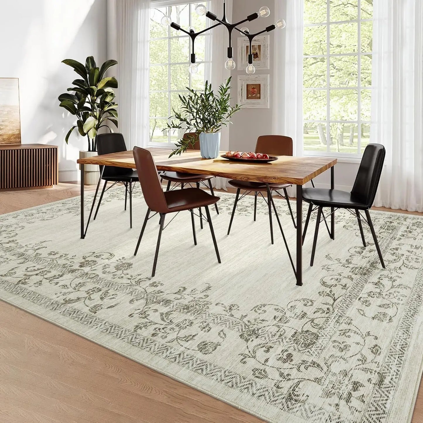 HiMISS Washable Floral Border Area Rug For Living Room
