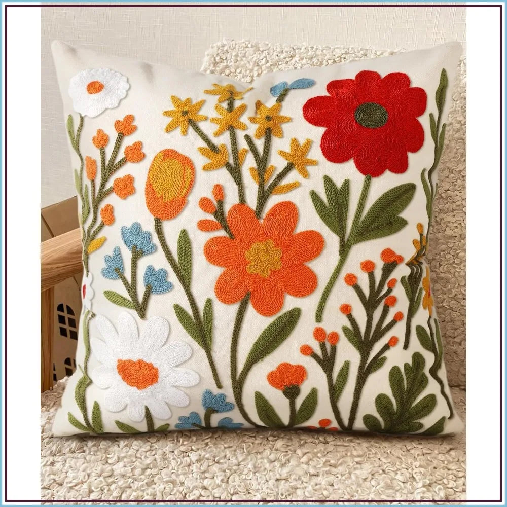Boho Embroidered Pillow Cover With Zipper Cushion Case