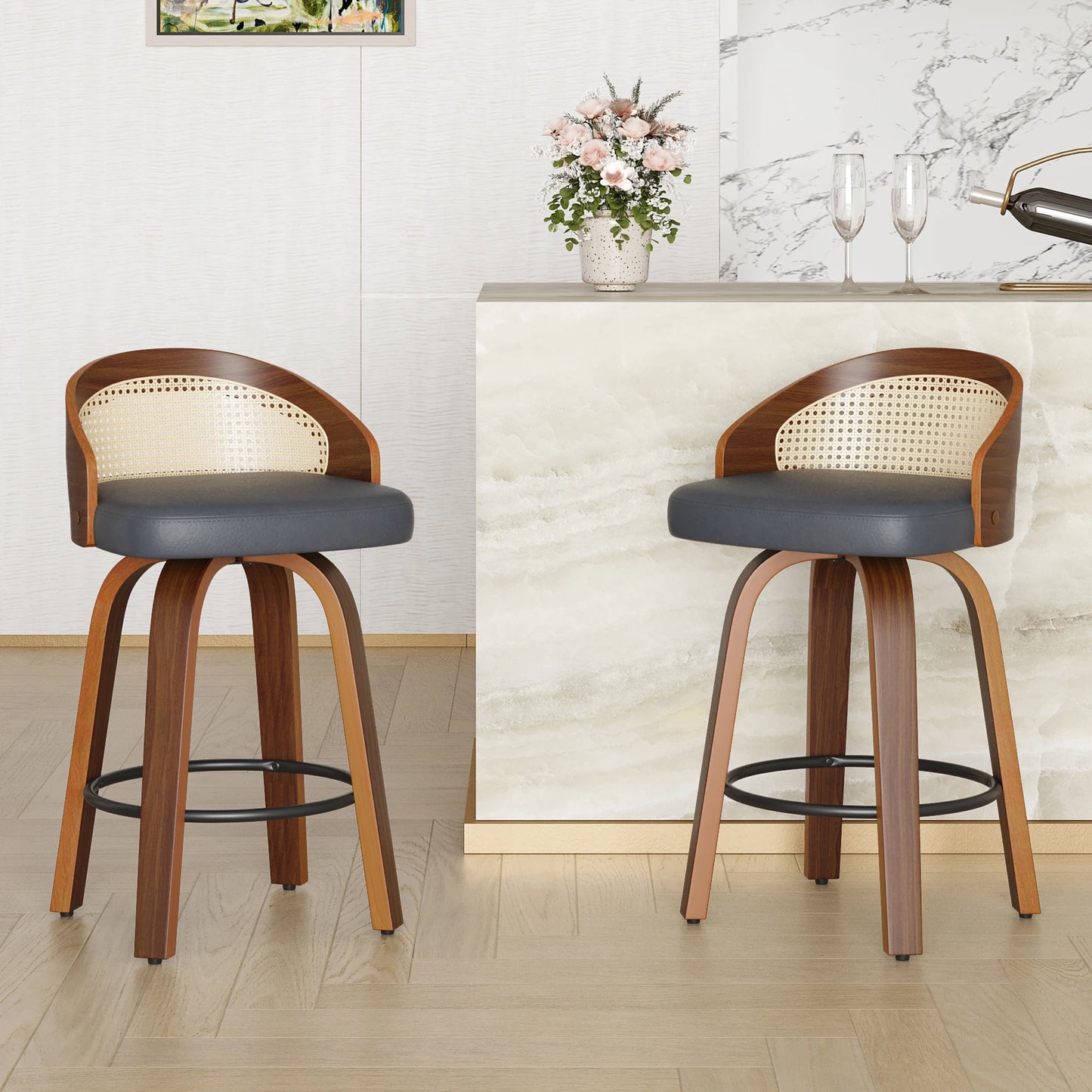 FARINI 2 Bar Stools With Rattan Back And PU Leather