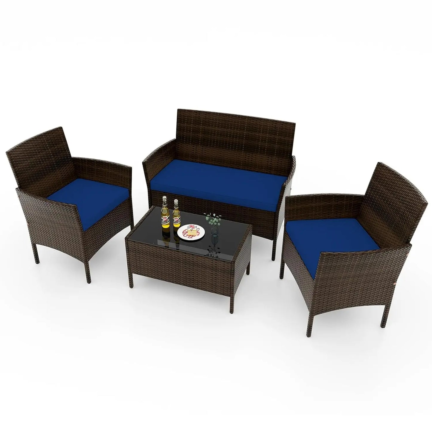 Rattan Outdoor 4-Piece Patio Set With Cushions And Glass Coffee Table
