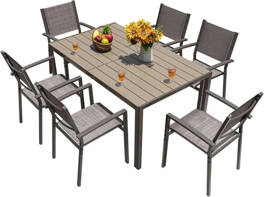 Patio Dining Set 7 Pieces With Large Table And Textilene Chairs