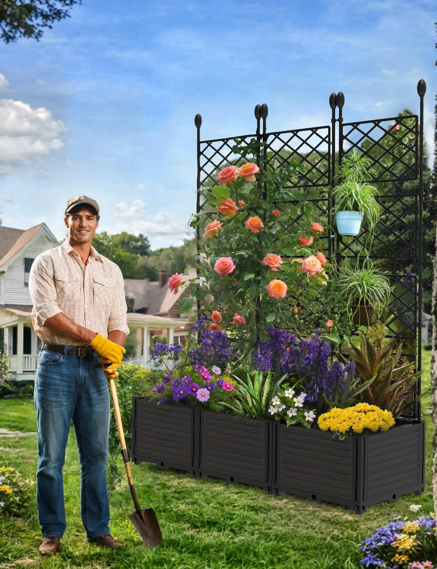 HiMISS Planter Box With Trellis Garden Bed For Climbing Plants