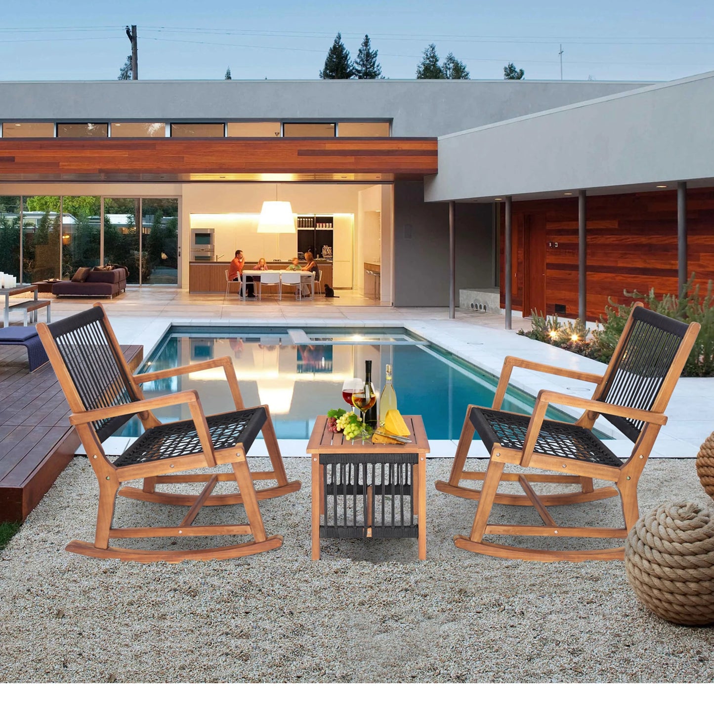 HOMASIS 3-Piece Patio Acacia Wood Bistro Table And Rocking Chairs