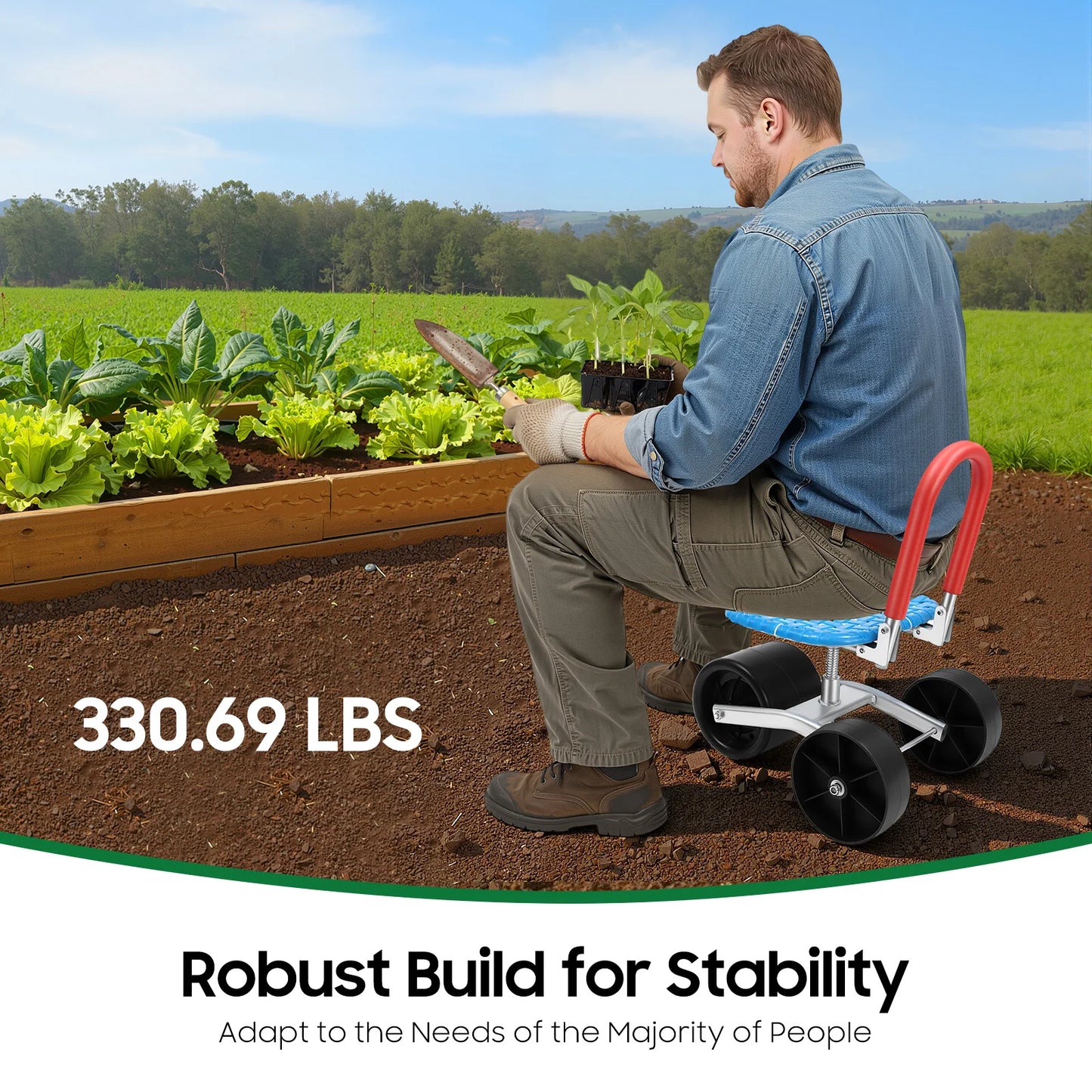Bymaocar Three Wheel Rolling Garden Stool With 360 Degree Swivel Steel Frame