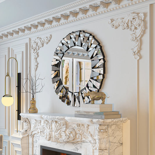 Sunburst Round Mirror Wall Decor With Beveled Glass