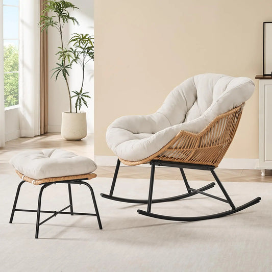 ONBRILL Rattan Papasan Rocking Chair And Ottoman Lounge Set