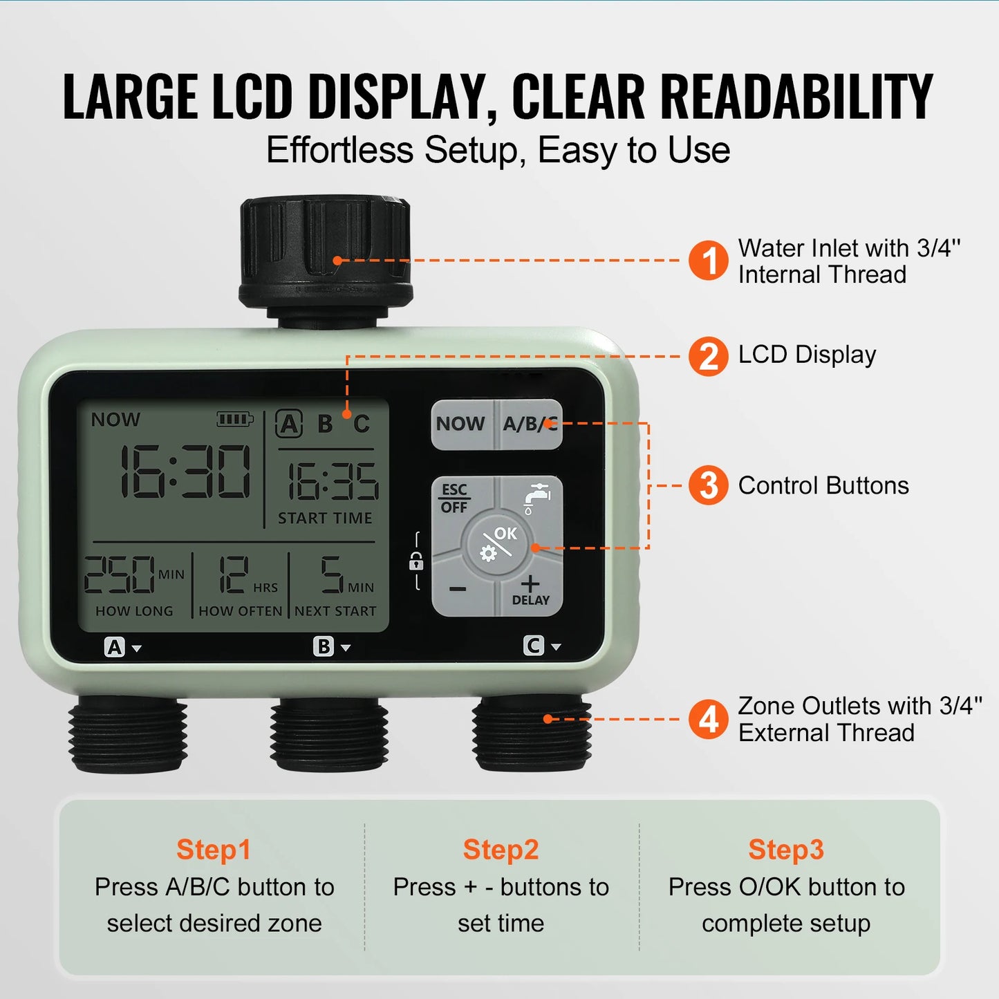 SucceBuy Water Timer With 3 Outlets, 3 Independent Zones LCD Display Rain Delay